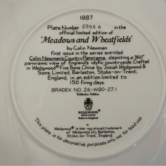 Vintage 1987 Wedgwood Meadows and Wheatfields Limited Edition Collectible Plate - Picture 6 of 10